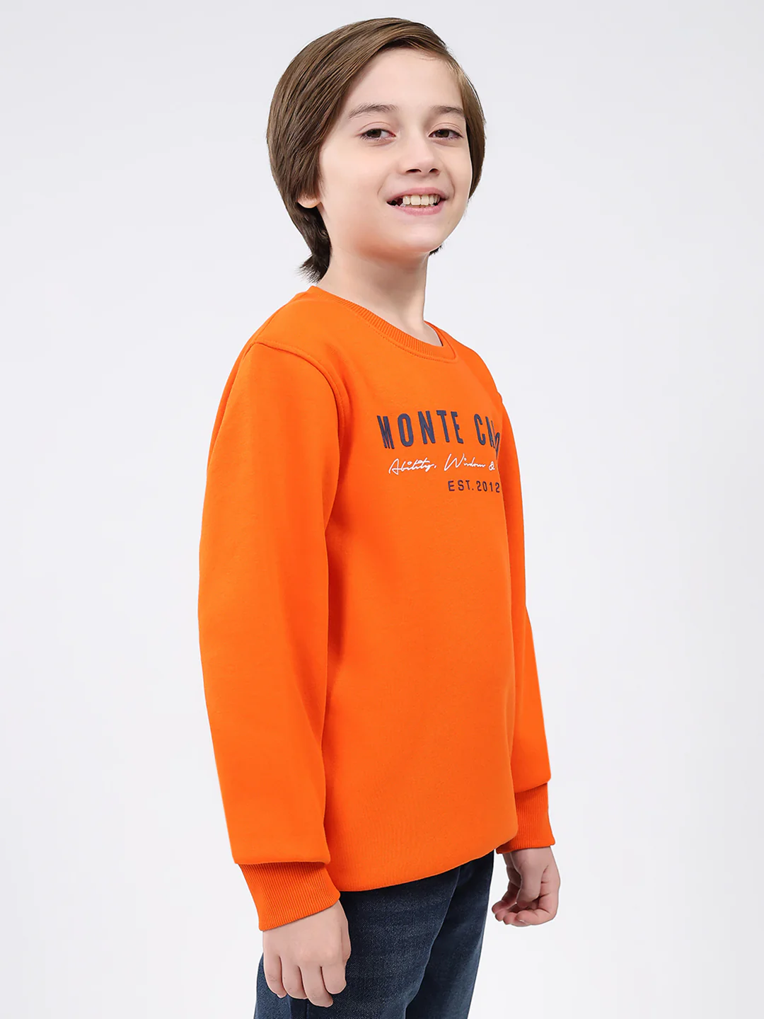 Boys Orange Printed Round Neck Full Sleeve Sweatshirt - Image 4