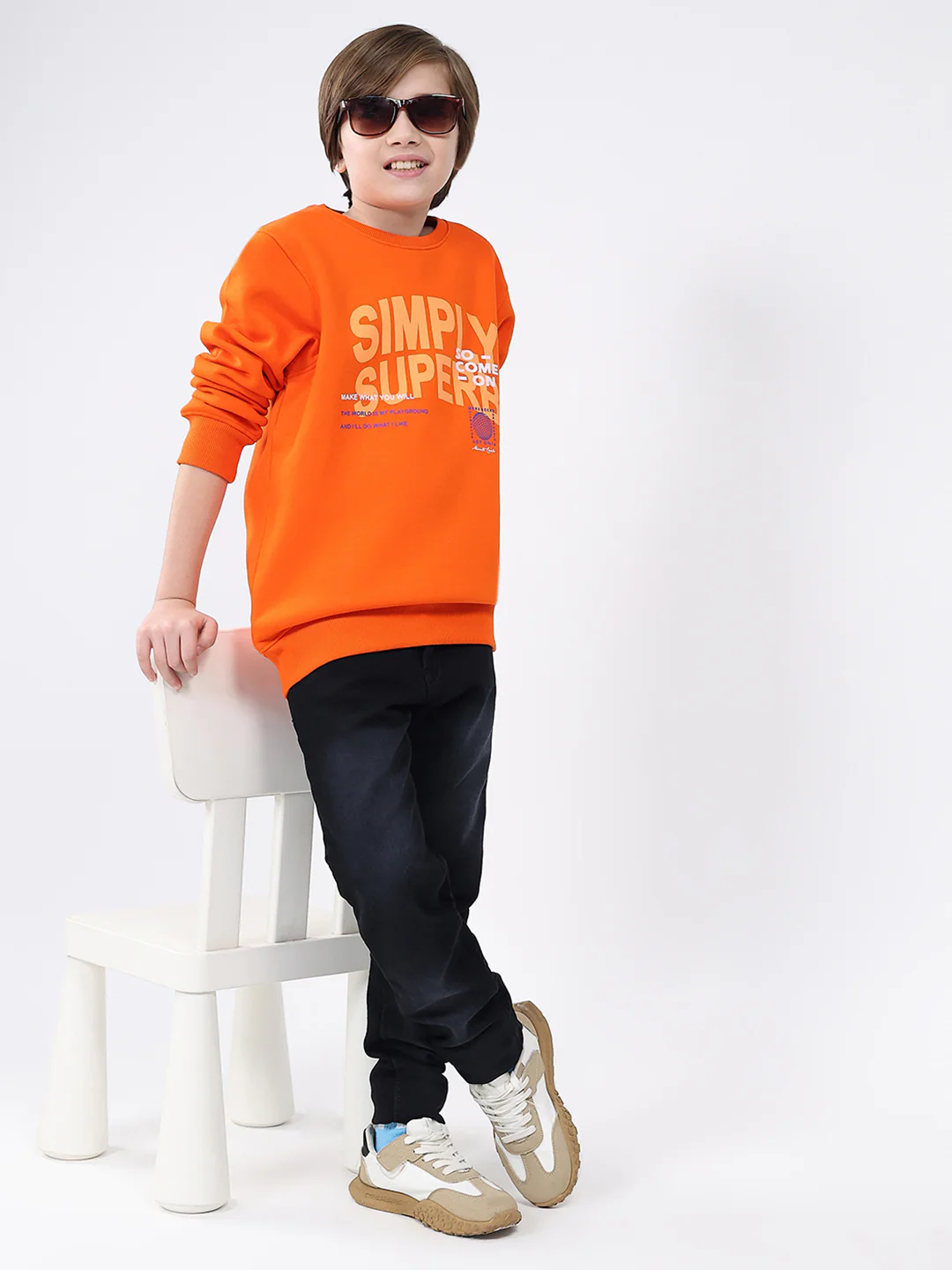 Boys Orange Printed Round Neck Full Sleeve Sweatshirt - Image 2