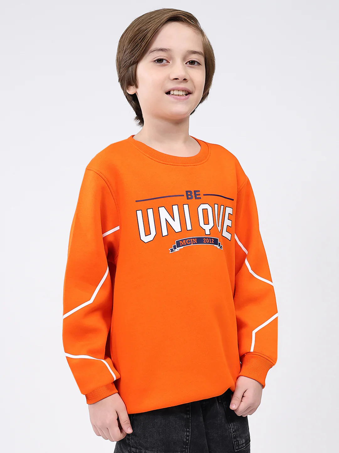 Boys Orange Printed Round Neck Full Sleeve Sweatshirt - Image 4