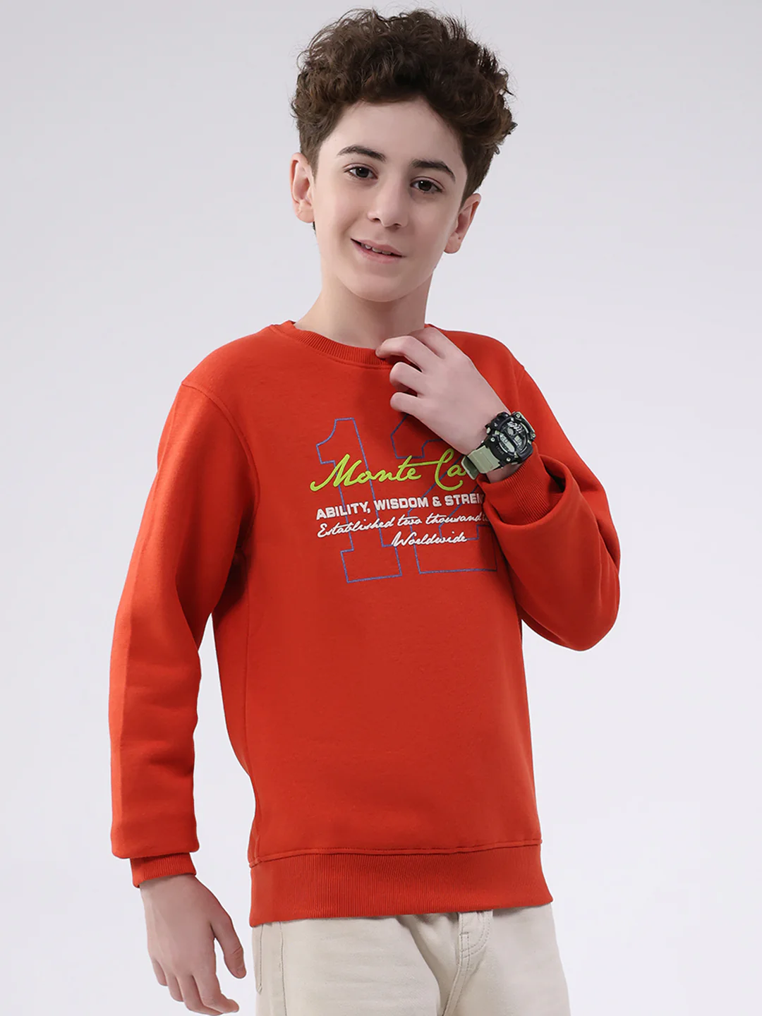 Boys Orange Printed Round Neck Full Sleeve Sweatshirt - Image 4