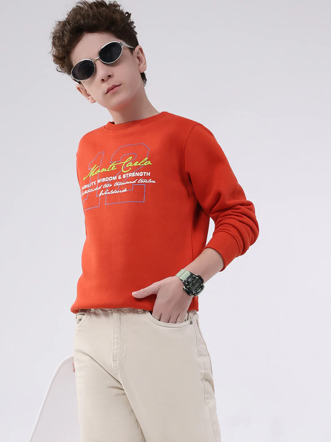 Boys Orange Printed Round Neck Full Sleeve Sweatshirt - Image 6