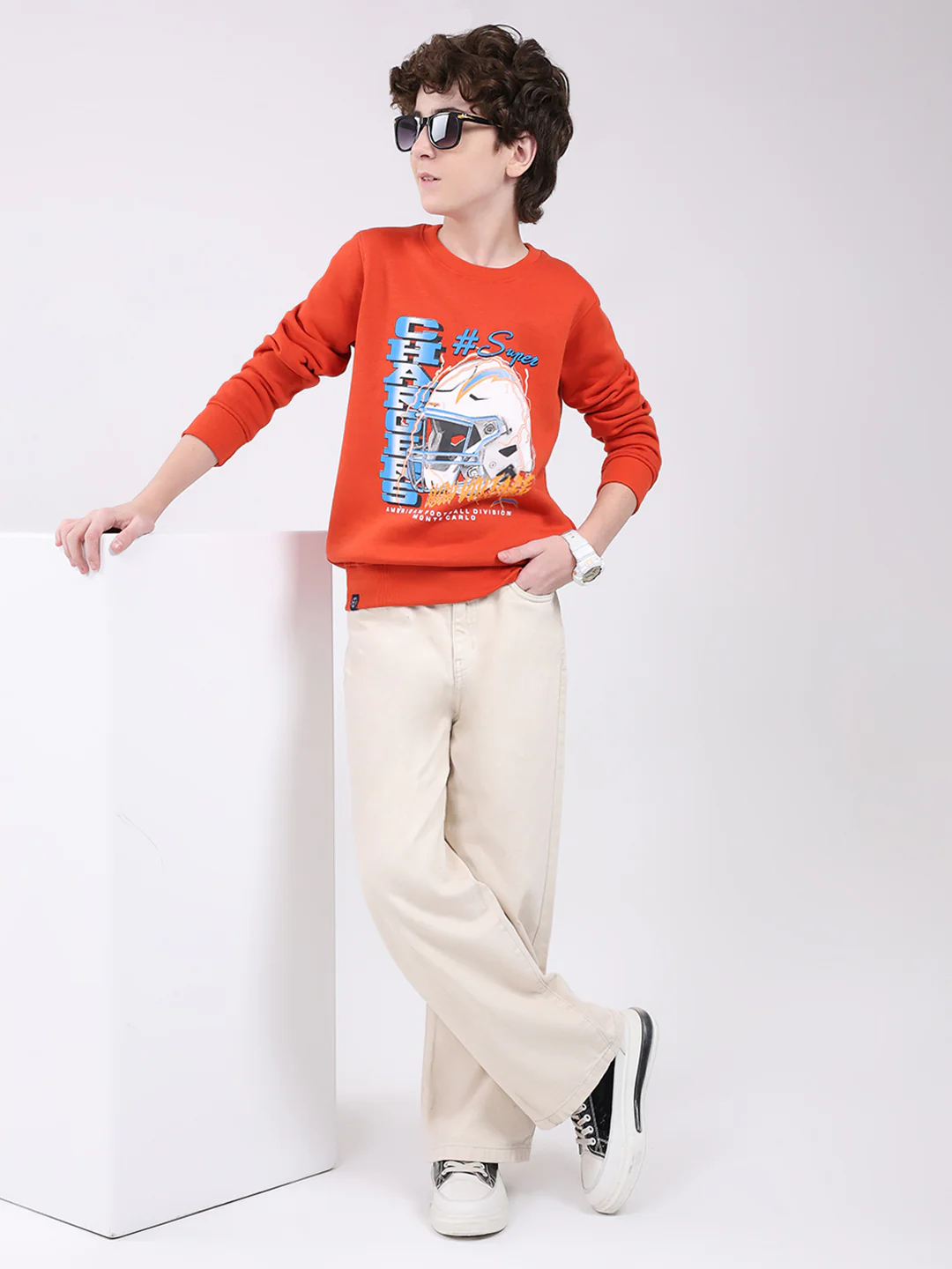 Boys Orange Printed Round Neck Full Sleeve Sweatshirt - Image 2