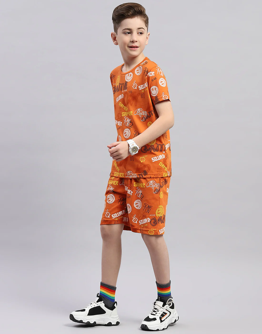 Boys Orange Printed Round Neck Half Sleeve Bermuda Set - Image 3
