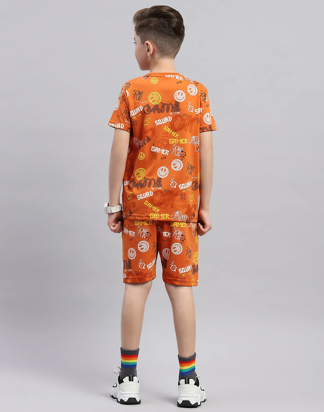 Boys Orange Printed Round Neck Half Sleeve Bermuda Set - Image 5