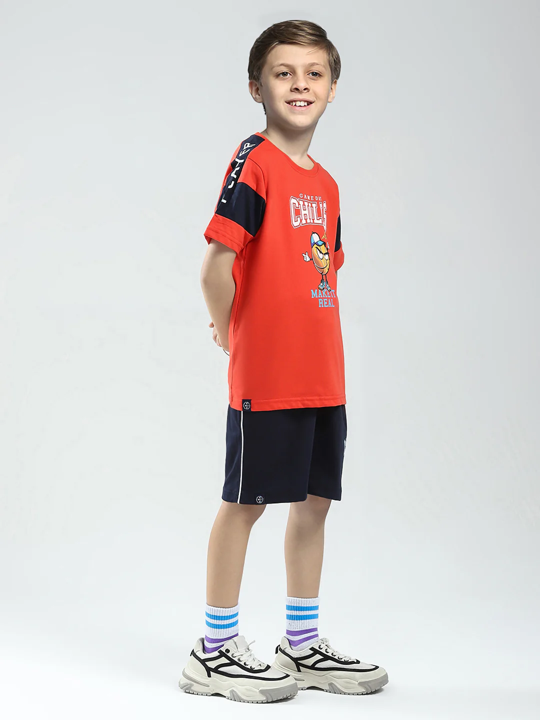 Boys Orange Printed Round Neck Half Sleeve Bermuda Set - Image 4