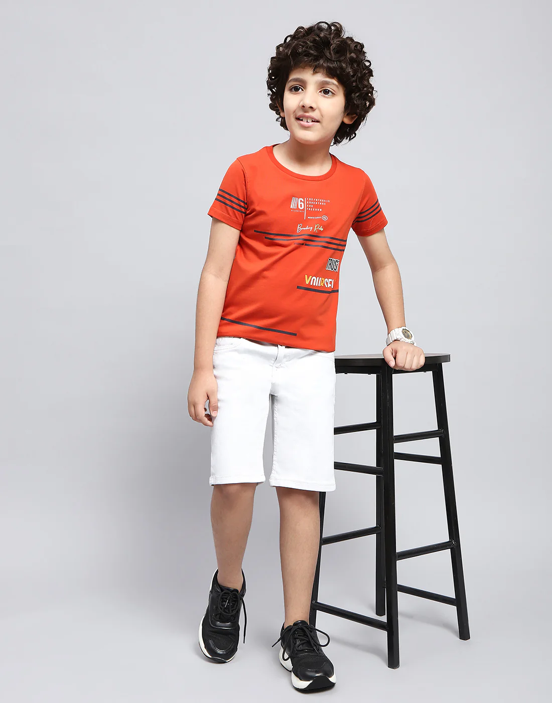 Boys Orange Printed Round Neck Half Sleeve T-Shirt - Image 2