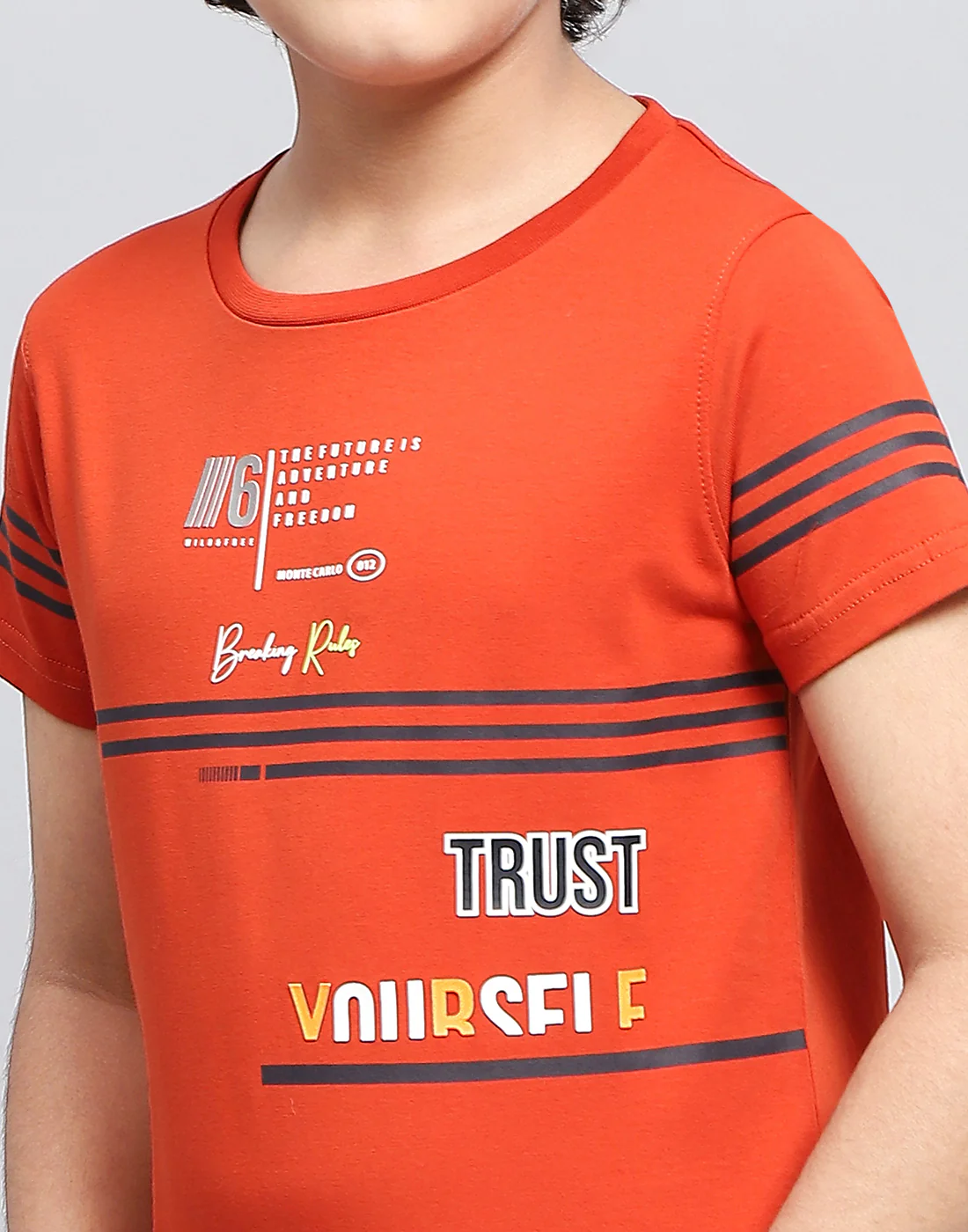Boys Orange Printed Round Neck Half Sleeve T-Shirt - Image 6