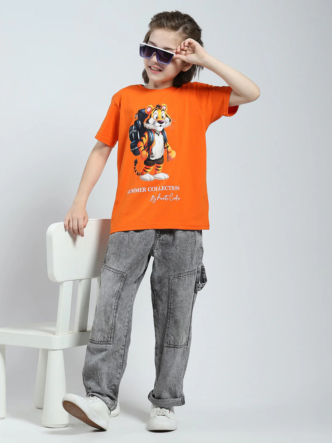 Boys Orange Printed Round Neck Half Sleeve T-Shirt - Image 2
