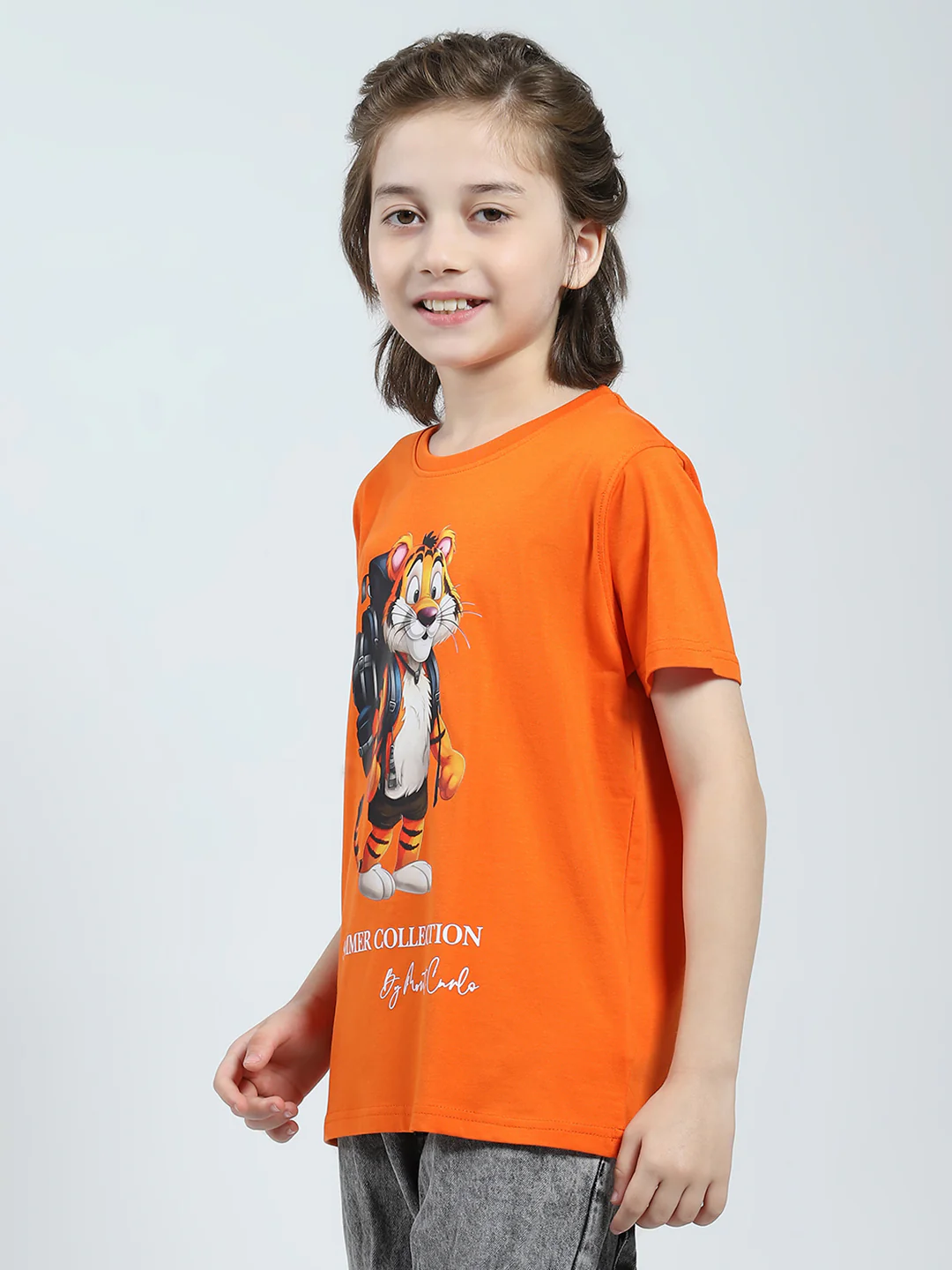Boys Orange Printed Round Neck Half Sleeve T-Shirt - Image 3
