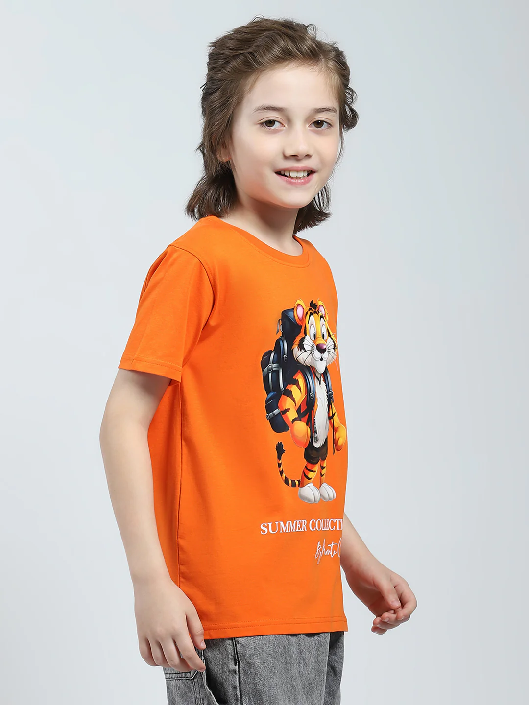 Boys Orange Printed Round Neck Half Sleeve T-Shirt - Image 4