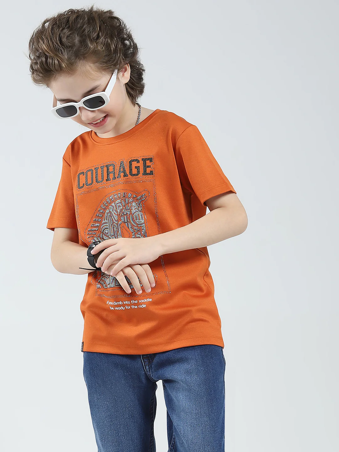 Boys Orange Printed Round Neck Half Sleeve T-Shirt - Image 6