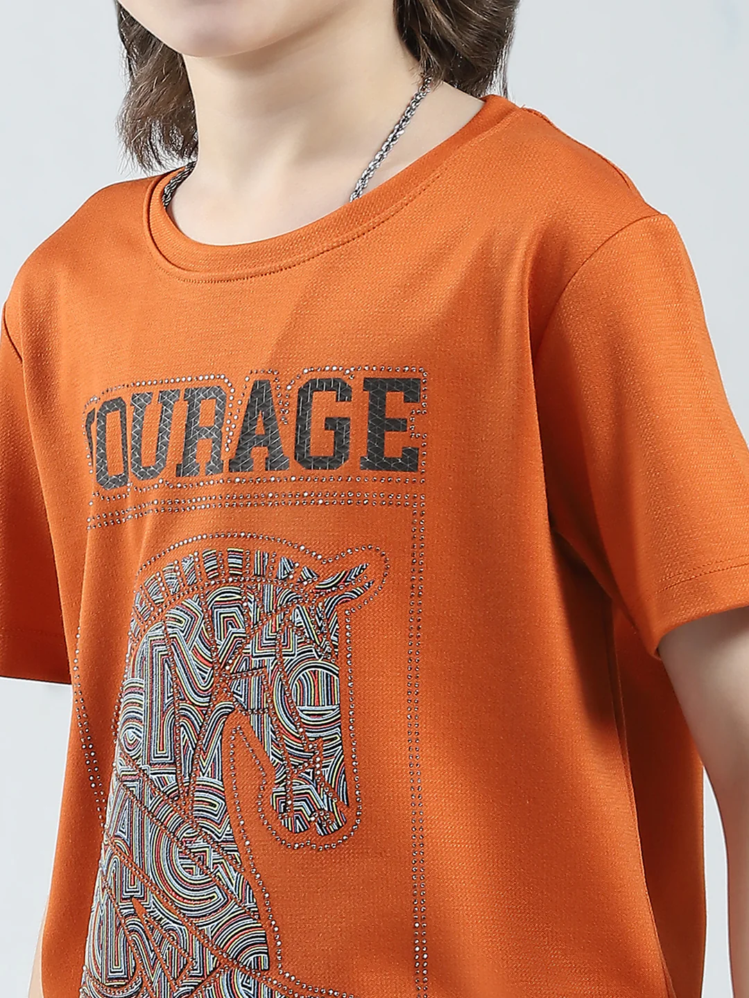 Boys Orange Printed Round Neck Half Sleeve T-Shirt - Image 7