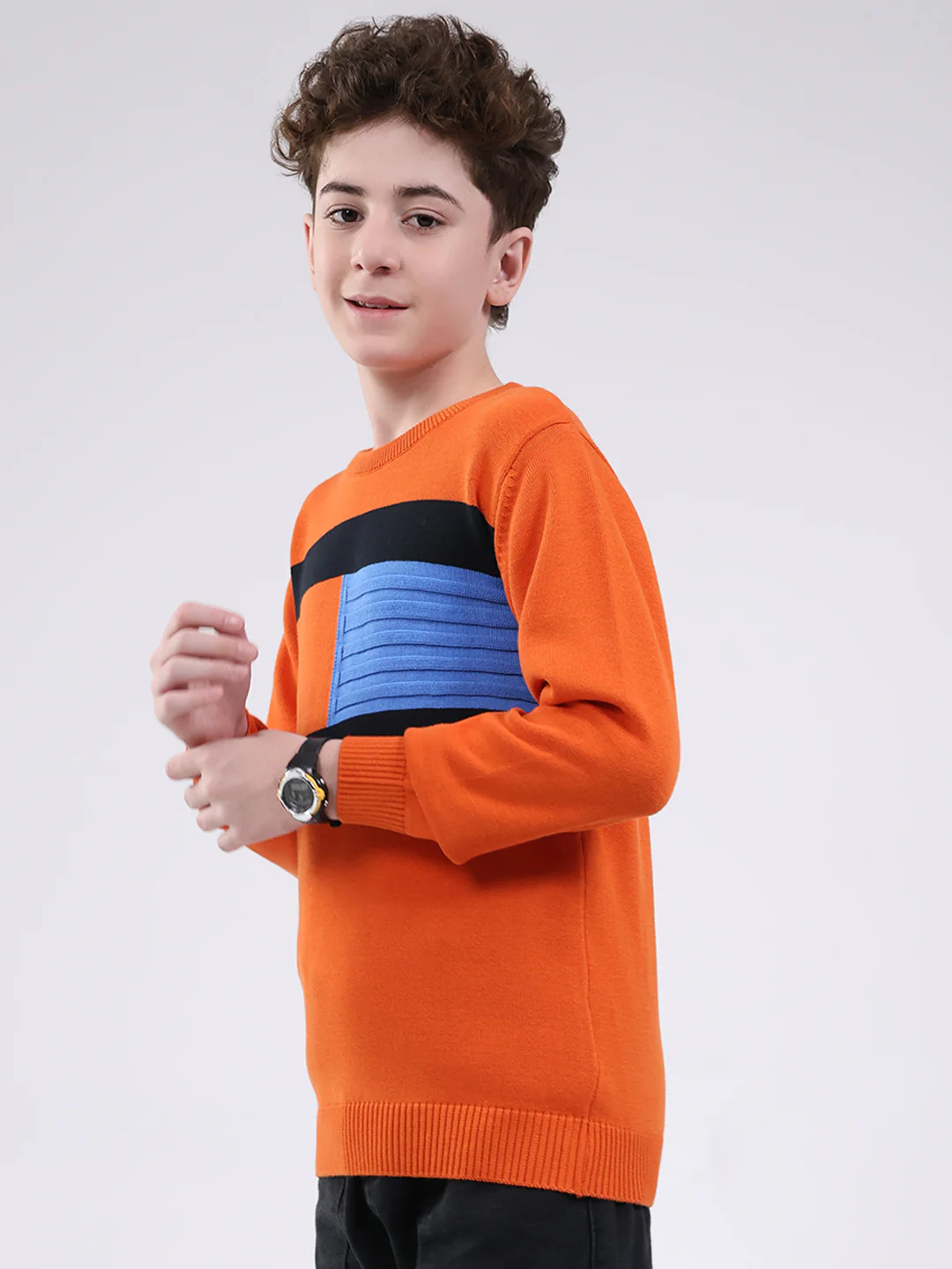 Boys Orange Self Design Round Neck Full Sleeve Pullover - Image 3