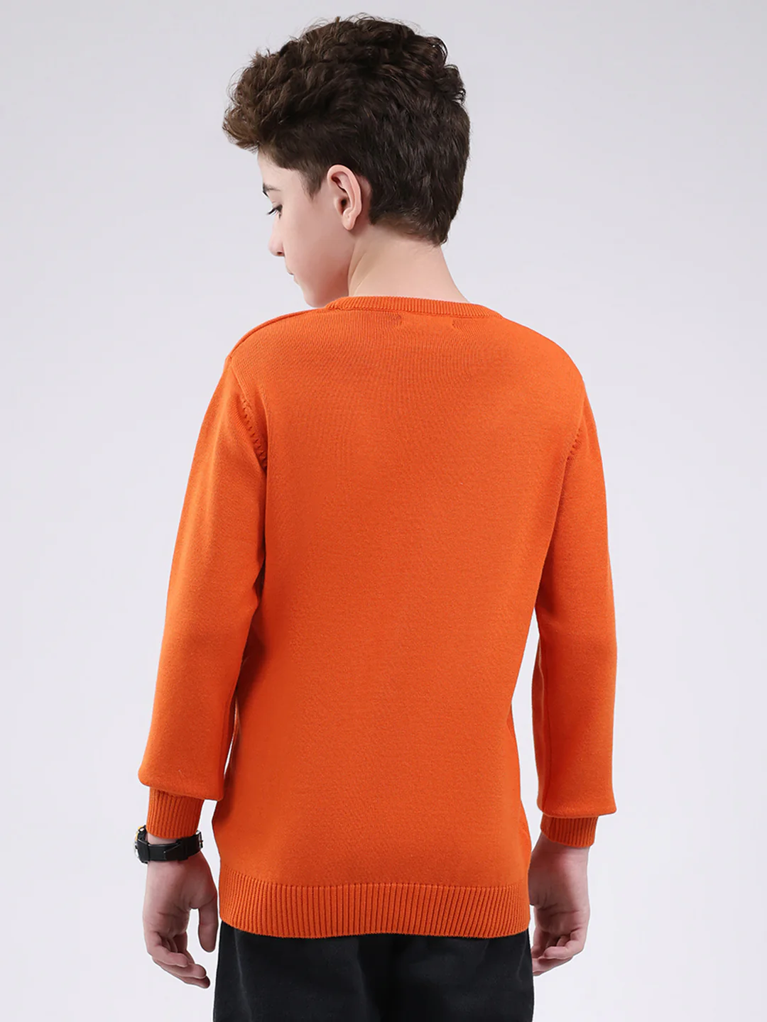 Boys Orange Self Design Round Neck Full Sleeve Pullover - Image 5