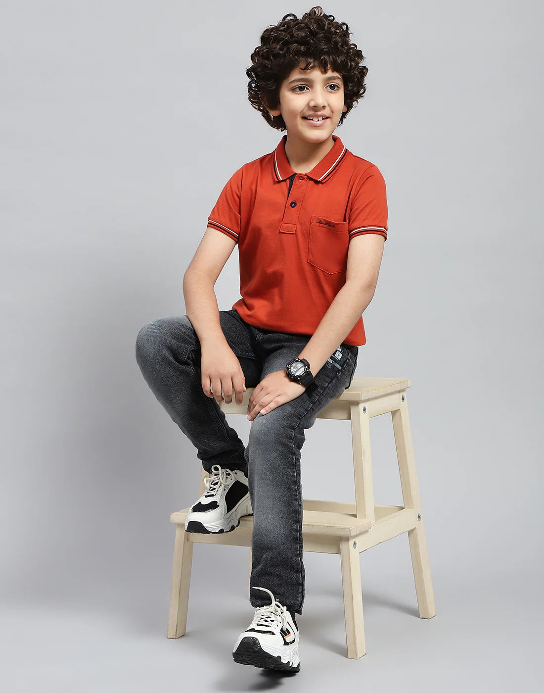 Boys Orange Solid Polo Collar Half Sleeve T-Shirt - Image 2