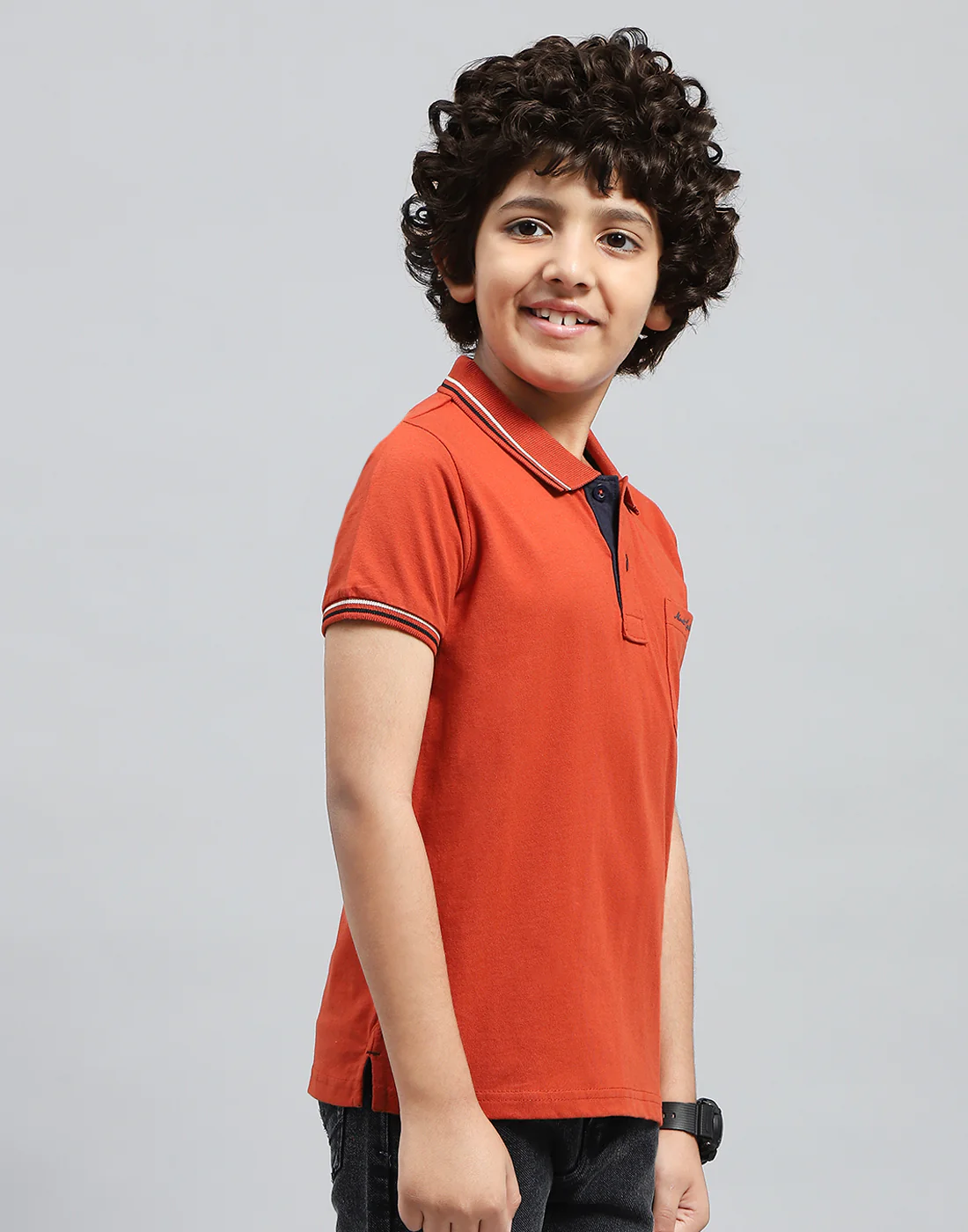Boys Orange Solid Polo Collar Half Sleeve T-Shirt - Image 4