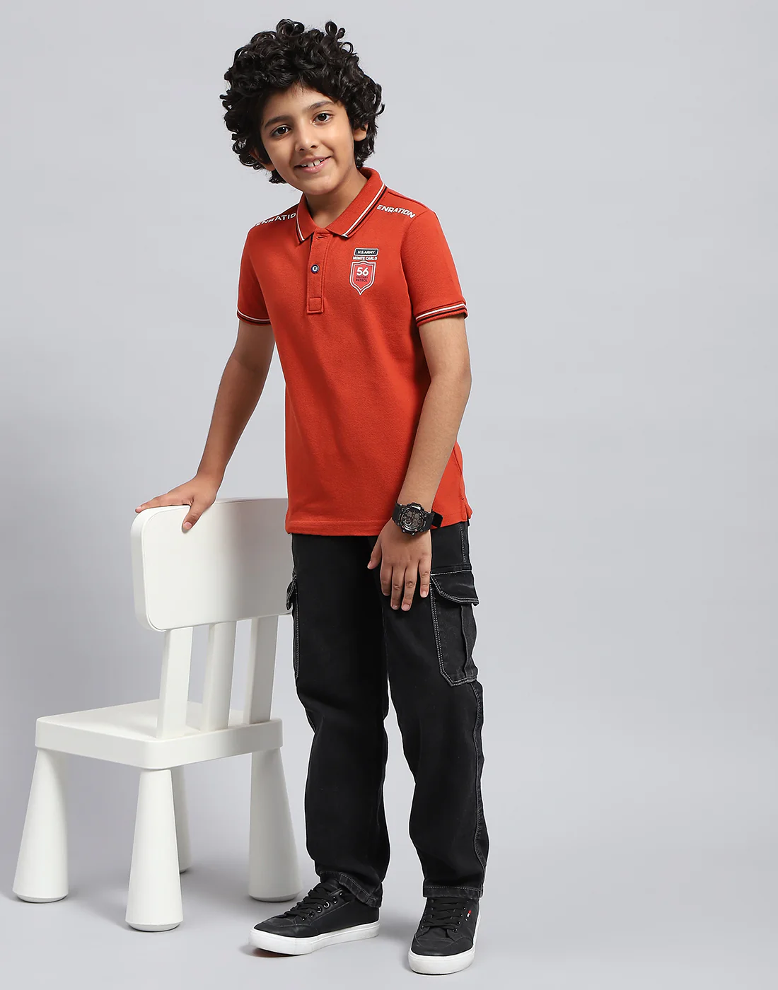 Boys Orange Solid Polo Collar Half Sleeve T-Shirt - Image 2