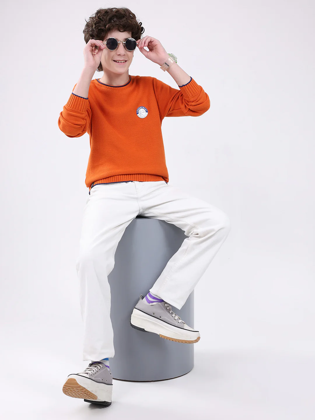 Boys Orange Solid Round Neck Full Sleeve Pullover - Image 2