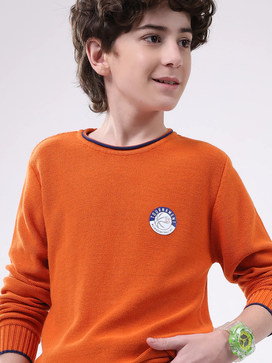 Boys Orange Solid Round Neck Full Sleeve Pullover - Image 6