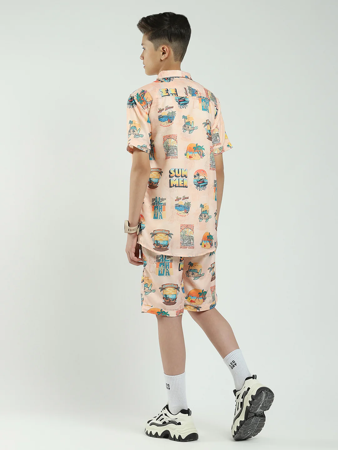 Boys Peach Printed Collar Half Sleeve Cords Set - Image 5