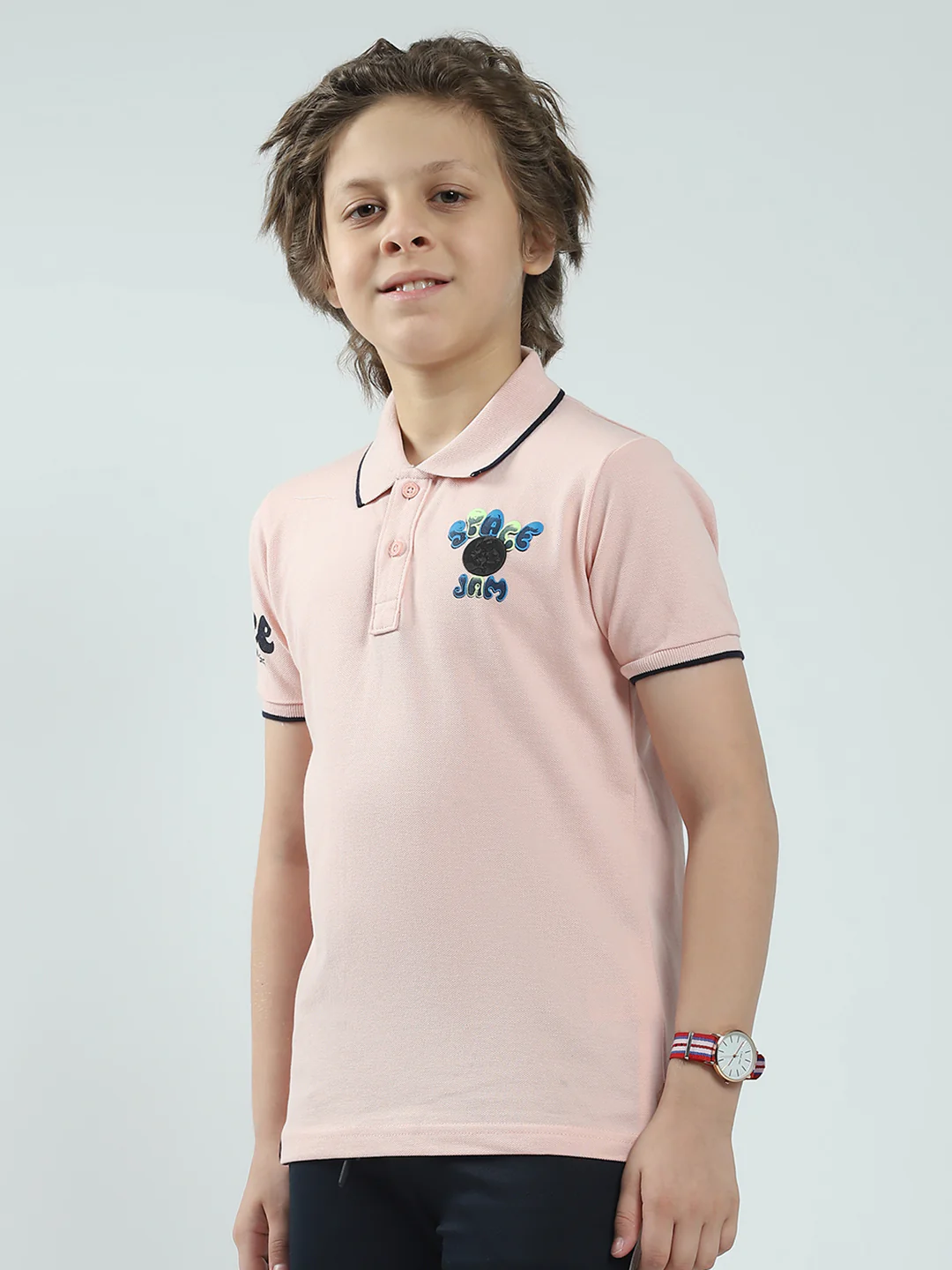 Boys Peach Printed Collar Half Sleeve T-Shirt - Image 3