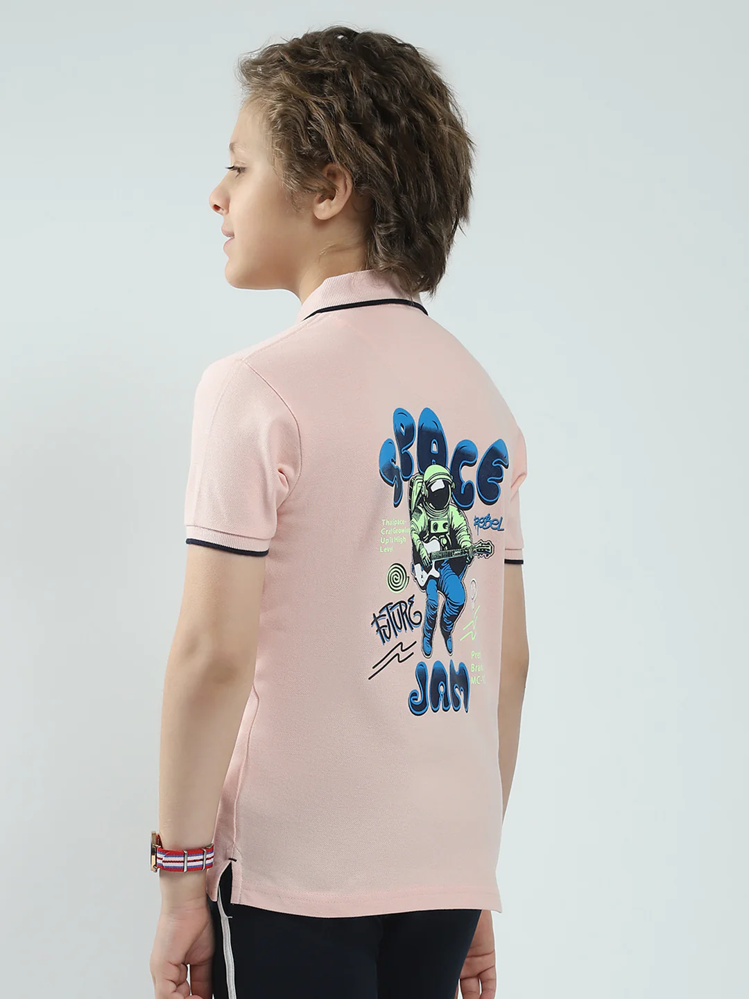 Boys Peach Printed Collar Half Sleeve T-Shirt - Image 5