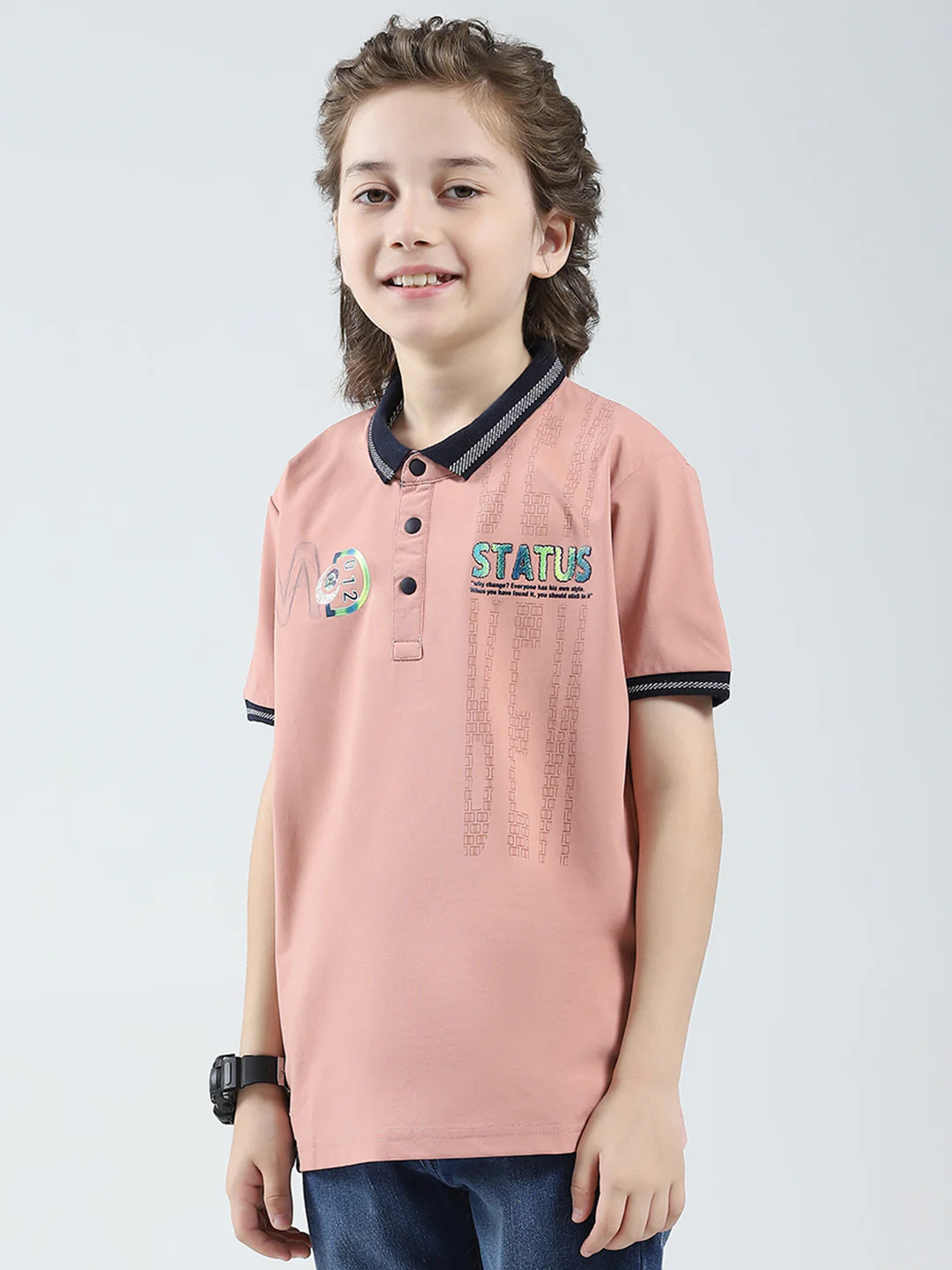 Boys Peach Printed Collar Half Sleeve T-Shirt - Image 3