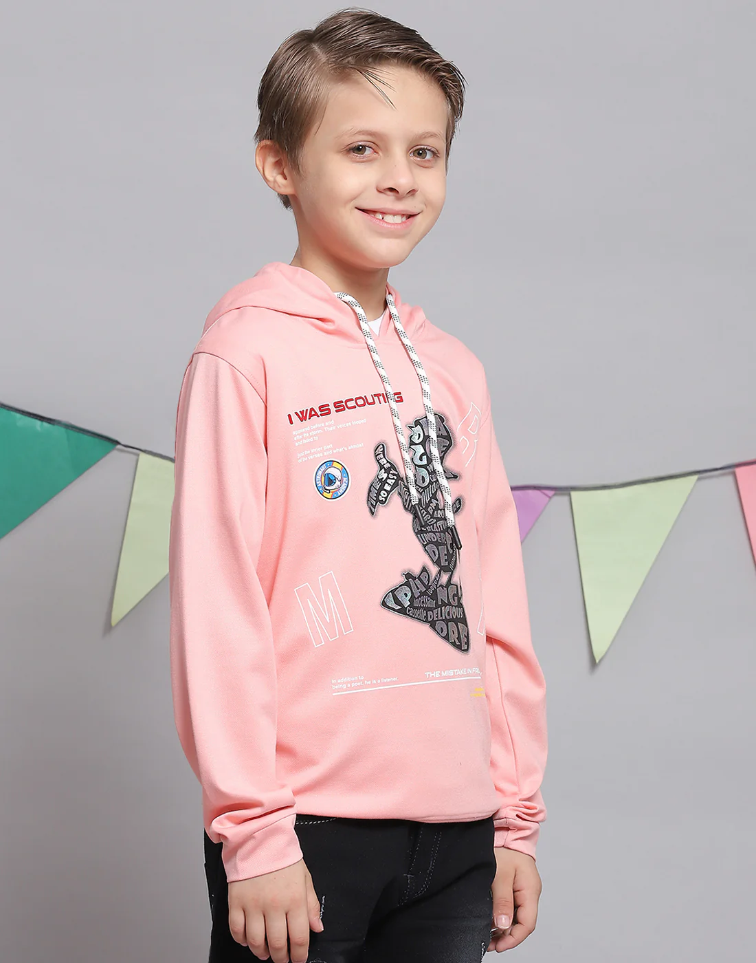 Boys Peach Printed Hooded Full Sleeve T-Shirts - Image 4