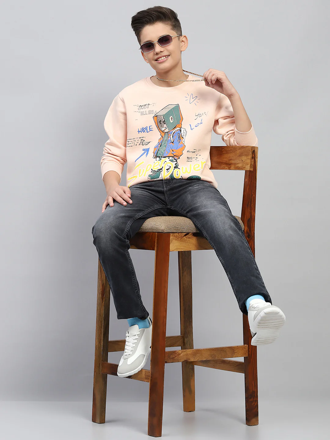 Boys Peach Printed Round Neck Full Sleeve Sweatshirt - Image 2