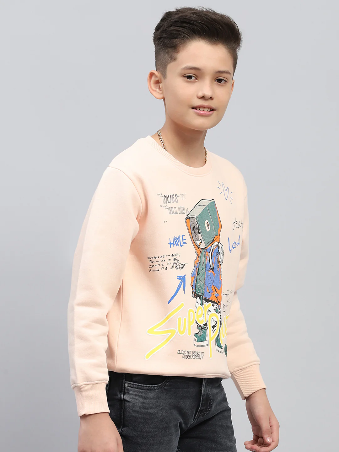 Boys Peach Printed Round Neck Full Sleeve Sweatshirt - Image 4
