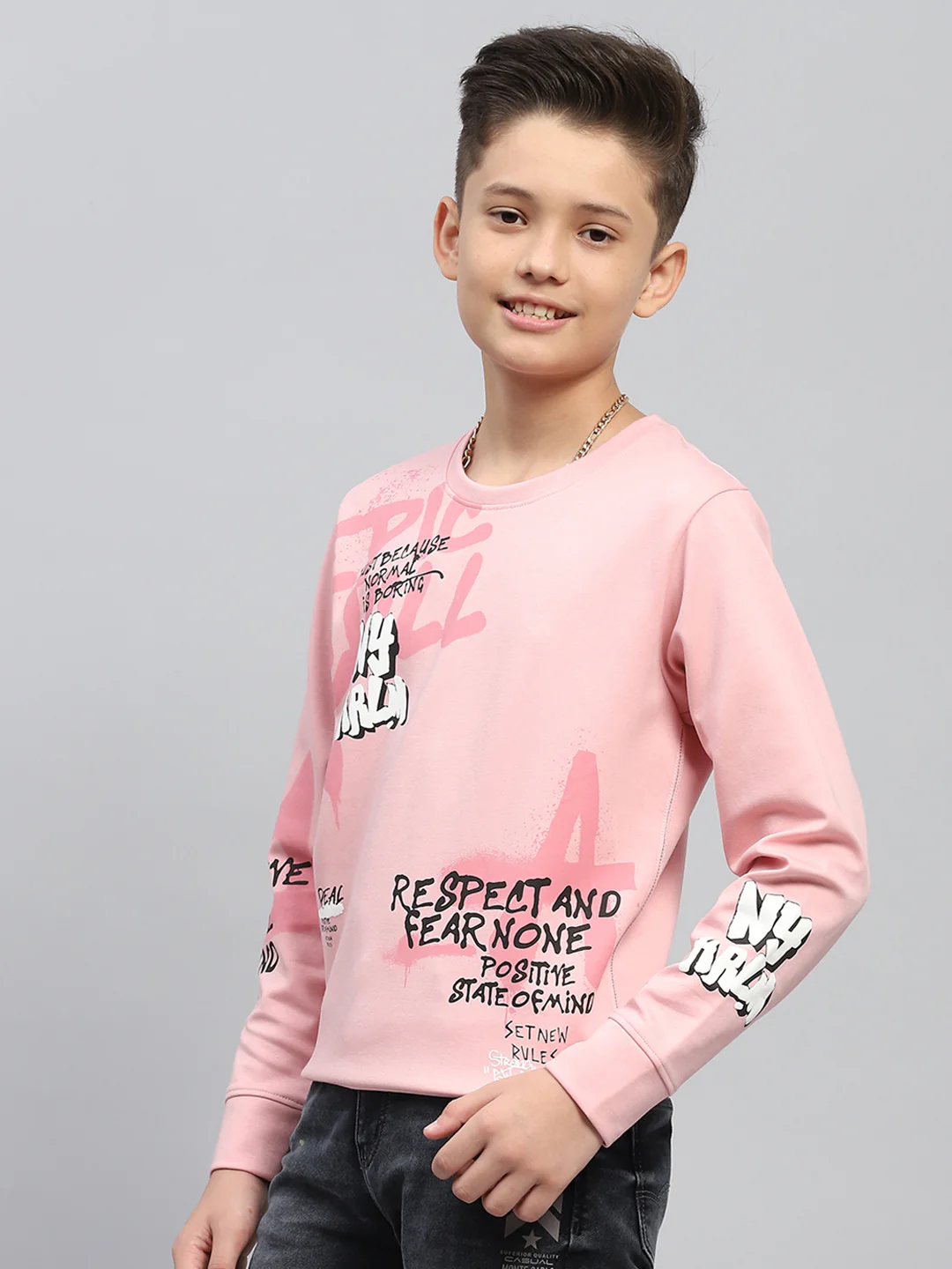 Boys Peach Printed Round Neck Full Sleeve Sweatshirt - Image 3