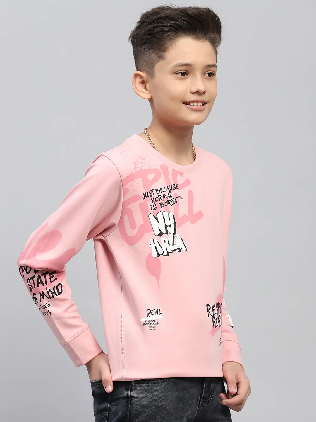 Boys Peach Printed Round Neck Full Sleeve Sweatshirt - Image 4