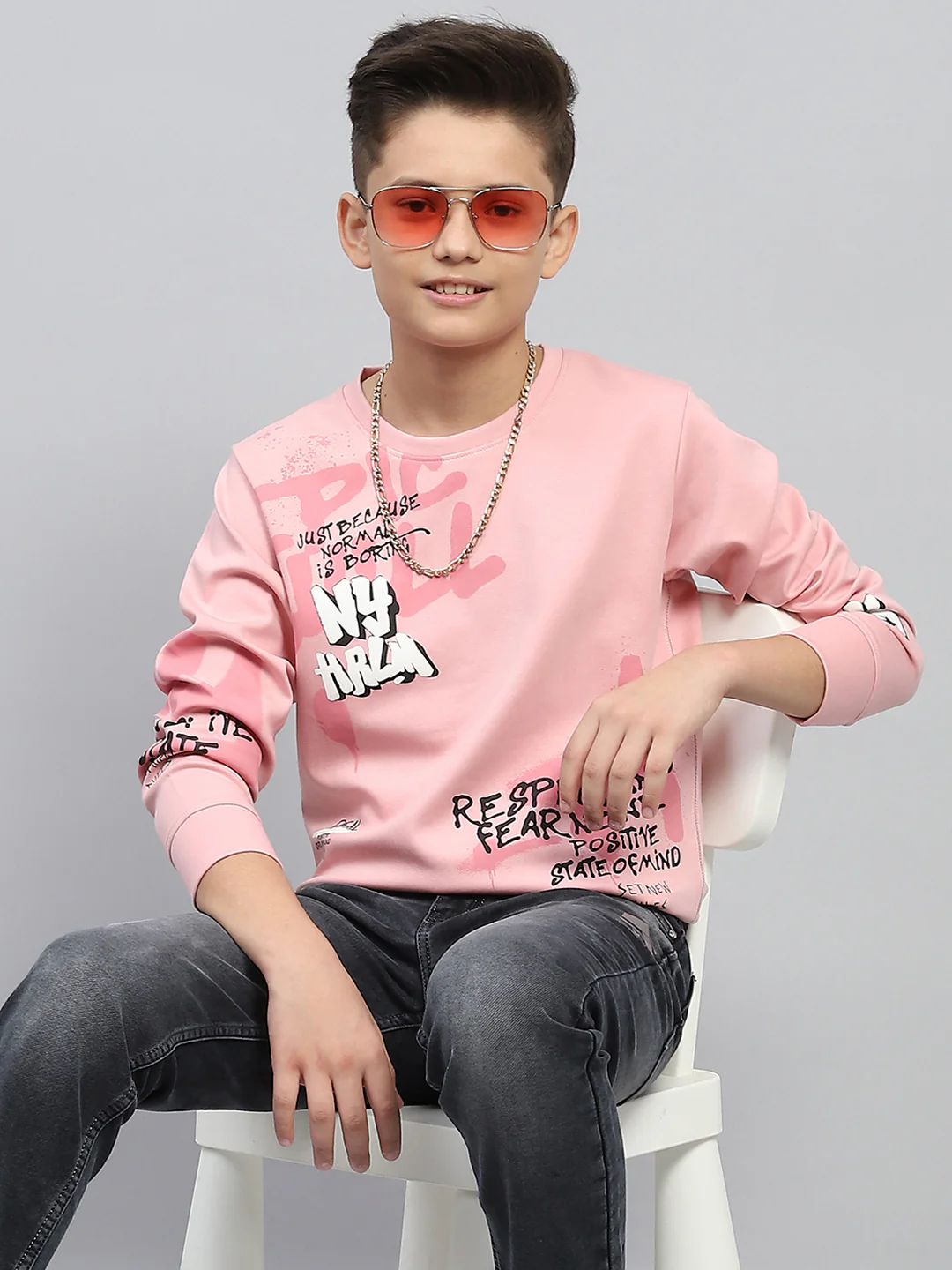 Boys Peach Printed Round Neck Full Sleeve Sweatshirt - Image 6
