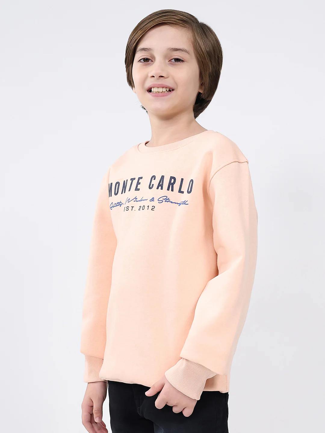 Boys Peach Printed Round Neck Full Sleeve Sweatshirt - Image 3