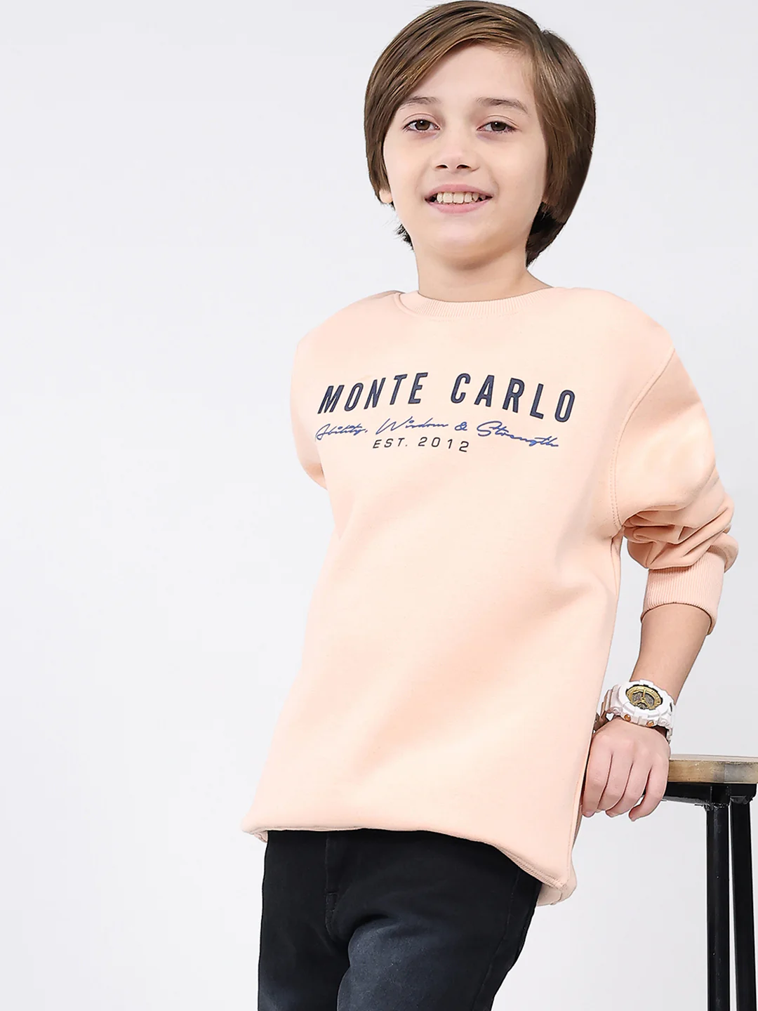 Boys Peach Printed Round Neck Full Sleeve Sweatshirt - Image 6