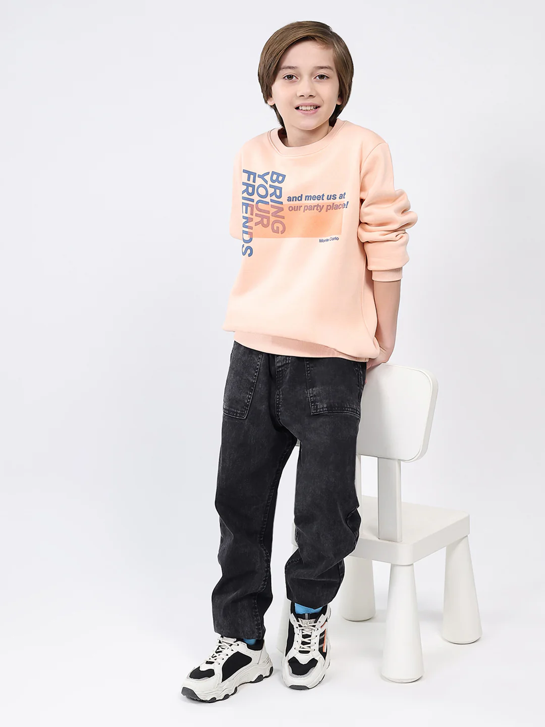 Boys Peach Printed Round Neck Full Sleeve Sweatshirt - Image 2