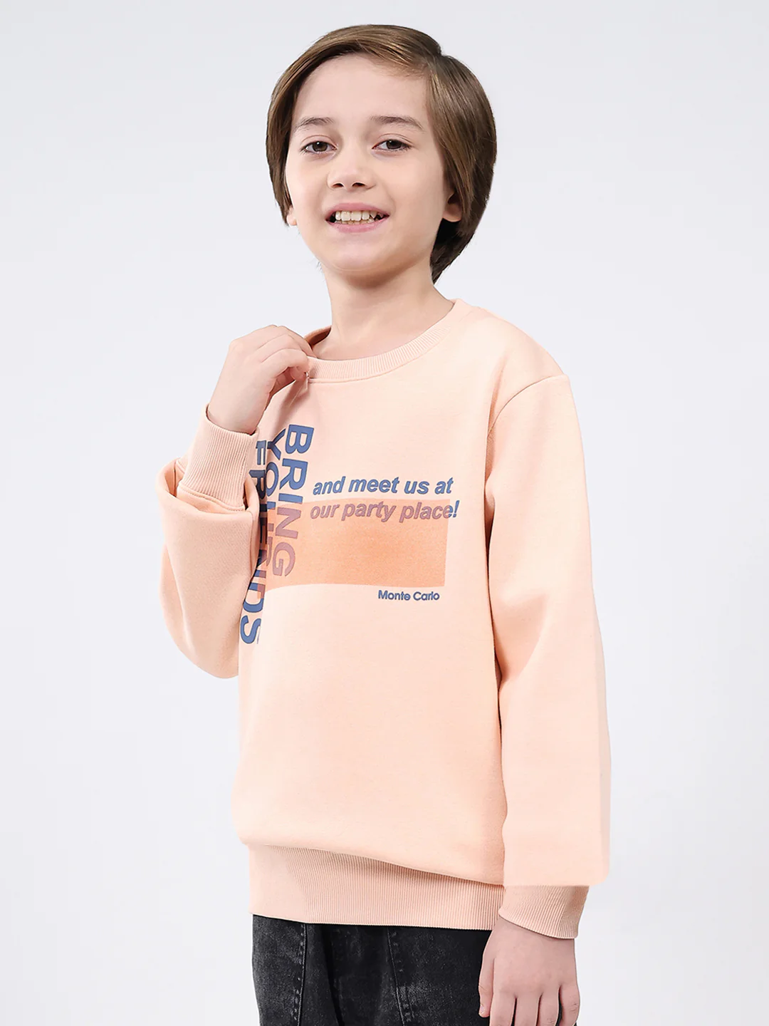 Boys Peach Printed Round Neck Full Sleeve Sweatshirt - Image 3
