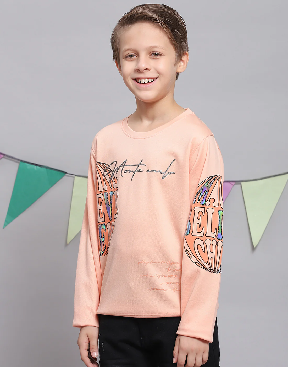 Boys Peach Printed Round Neck Full Sleeve T-Shirts - Image 4