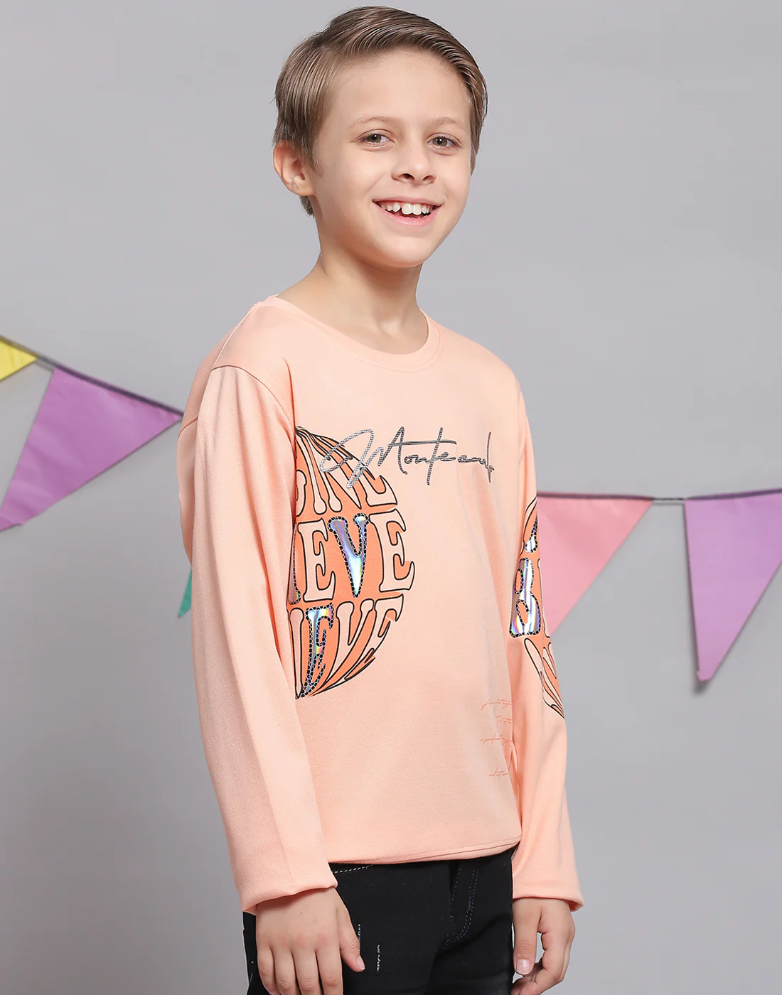 Boys Peach Printed Round Neck Full Sleeve T-Shirts - Image 5