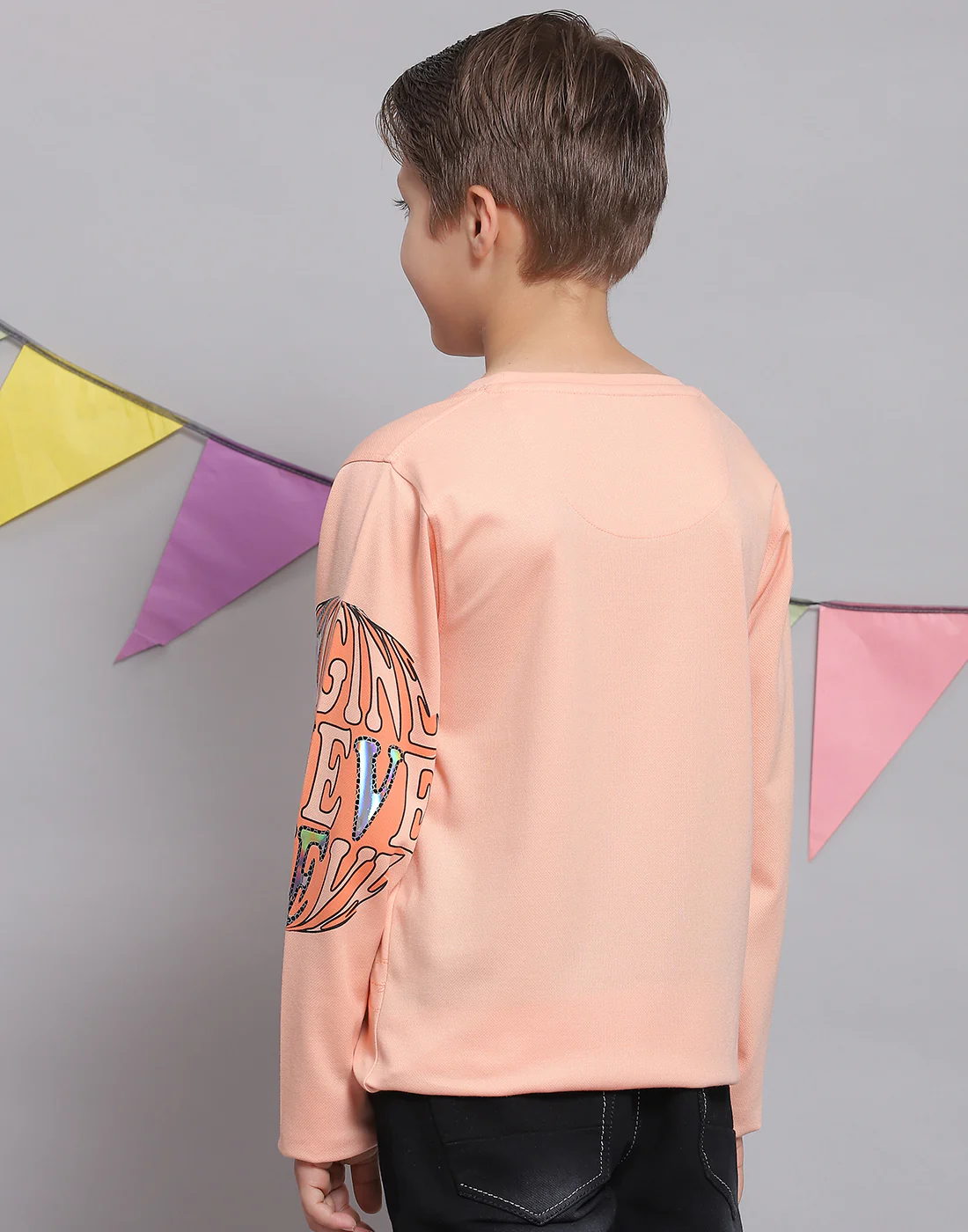 Boys Peach Printed Round Neck Full Sleeve T-Shirts - Image 6