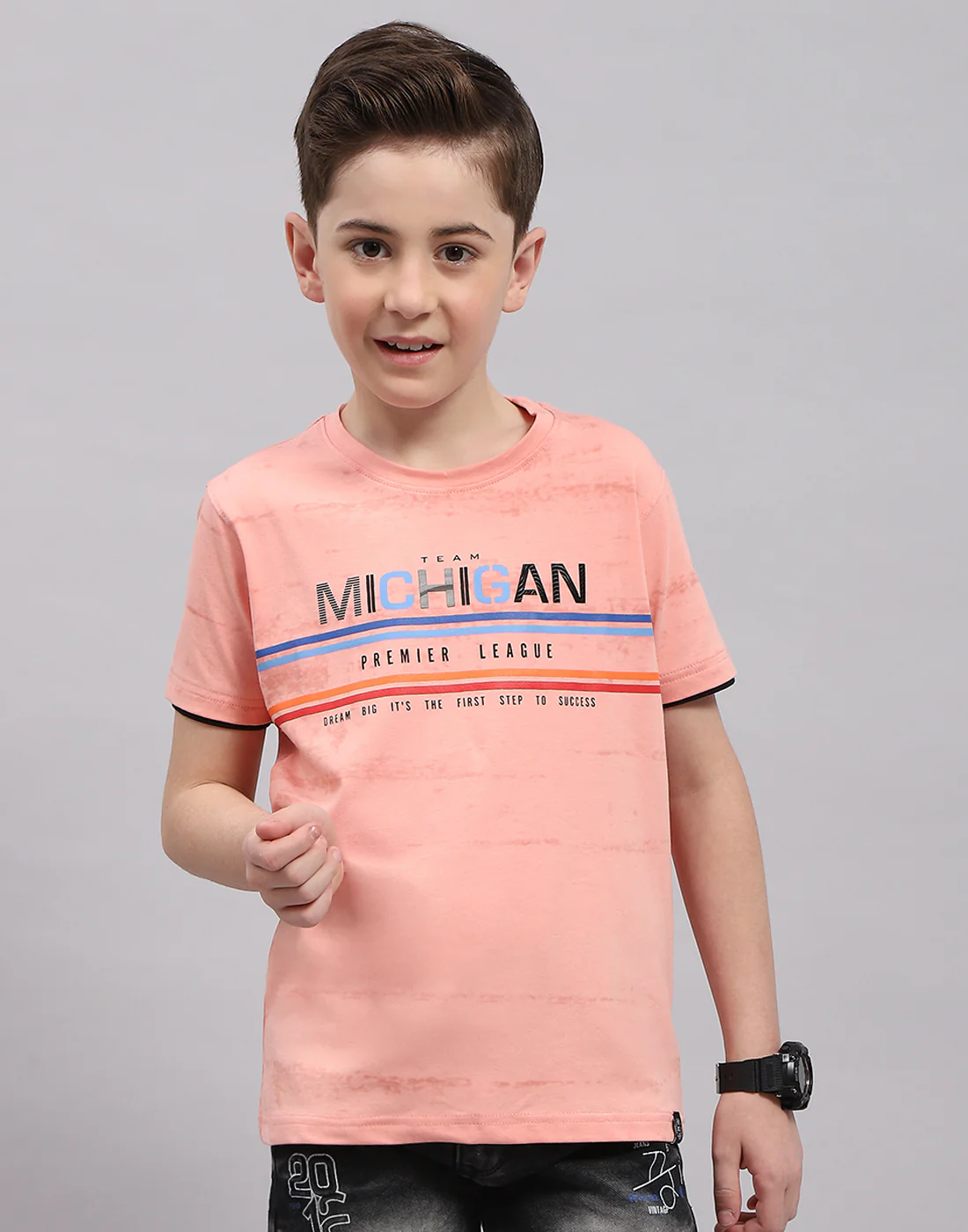 Boys Peach Printed Round Neck Half Sleeve T-Shirt - Image 2