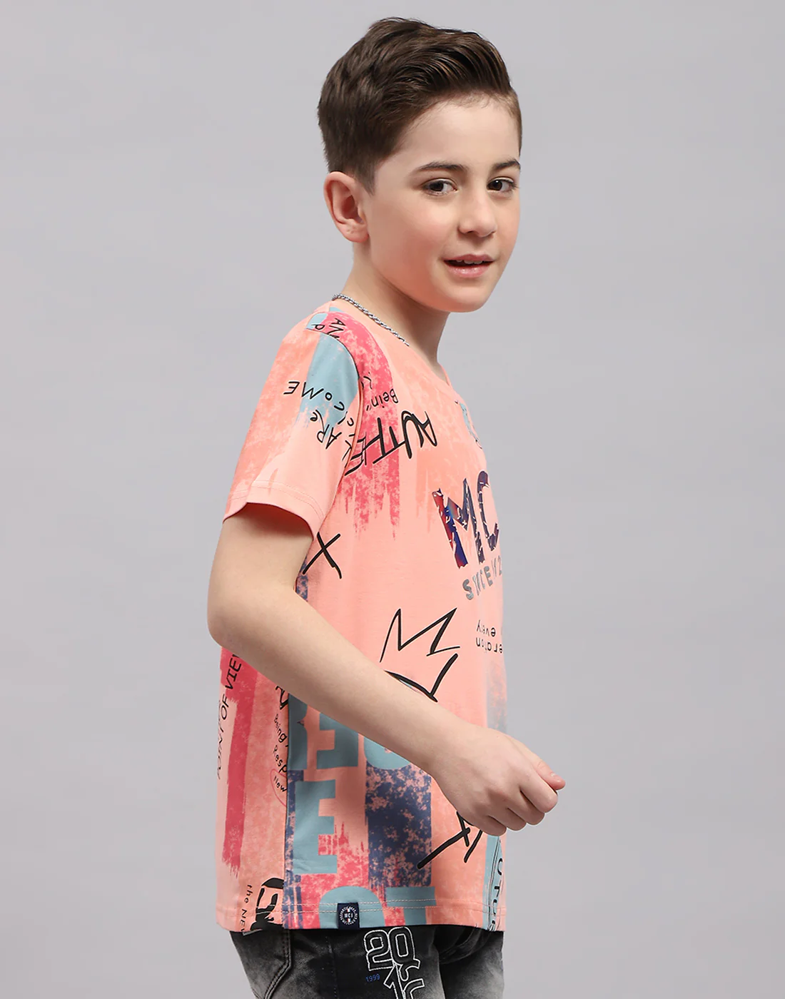 Boys Peach Printed Round Neck Half Sleeve T-Shirt - Image 4