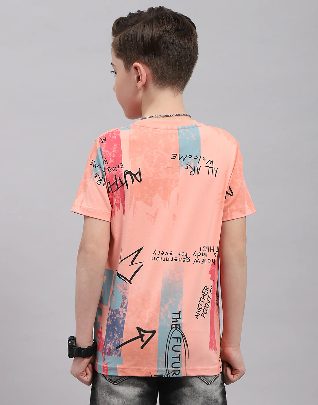 Boys Peach Printed Round Neck Half Sleeve T-Shirt - Image 5