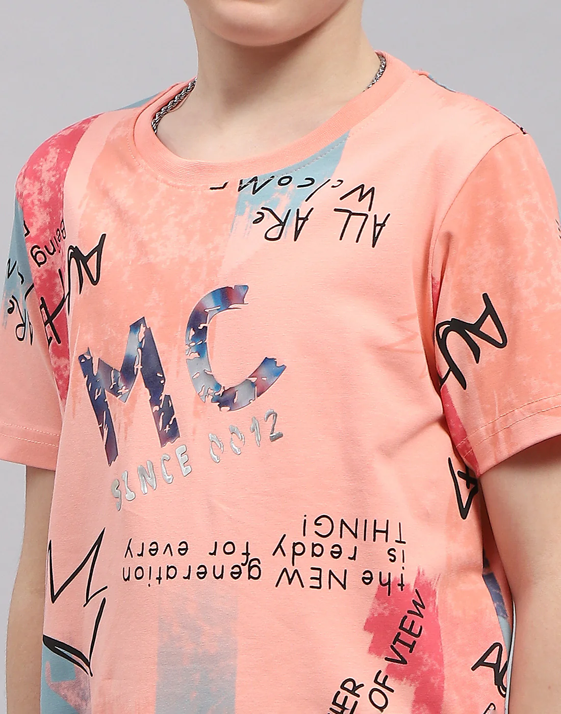 Boys Peach Printed Round Neck Half Sleeve T-Shirt - Image 6