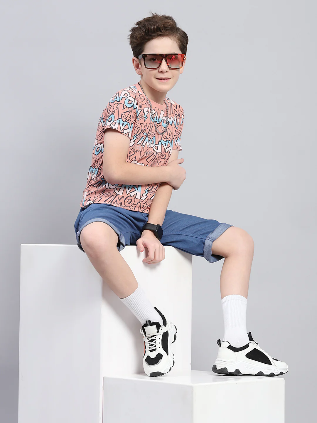 Boys Peach Printed Round Neck Half Sleeve T-Shirt - Image 2