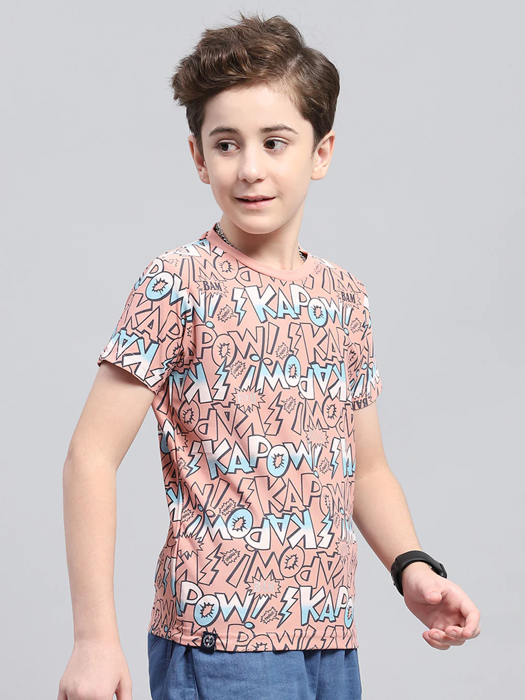 Boys Peach Printed Round Neck Half Sleeve T-Shirt - Image 4
