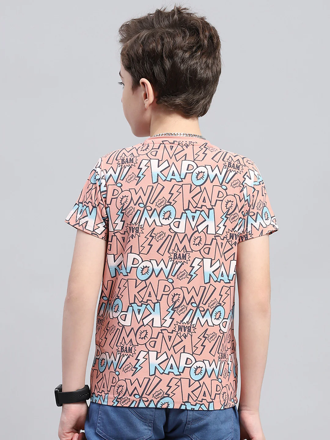 Boys Peach Printed Round Neck Half Sleeve T-Shirt - Image 5