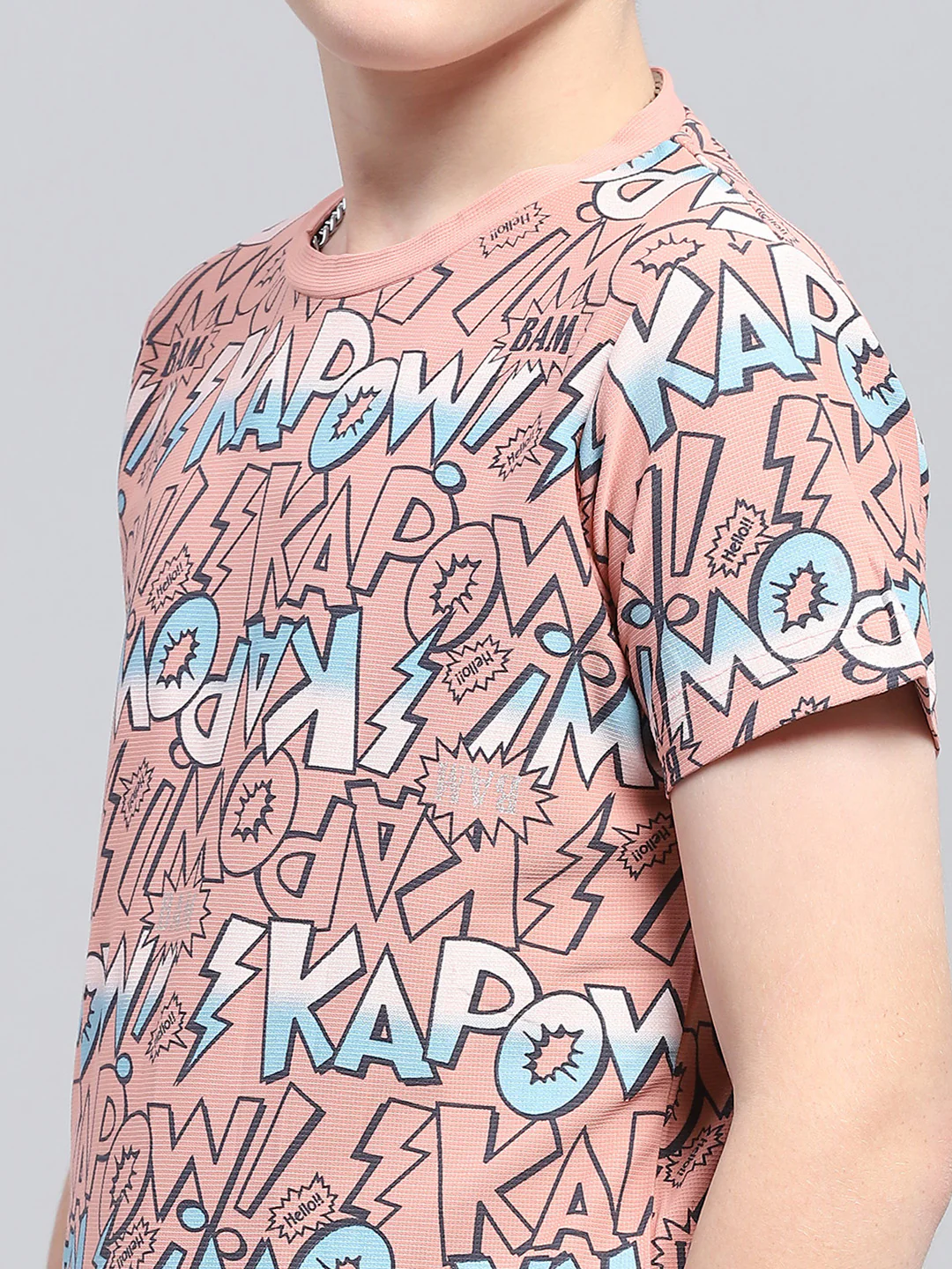 Boys Peach Printed Round Neck Half Sleeve T-Shirt - Image 6