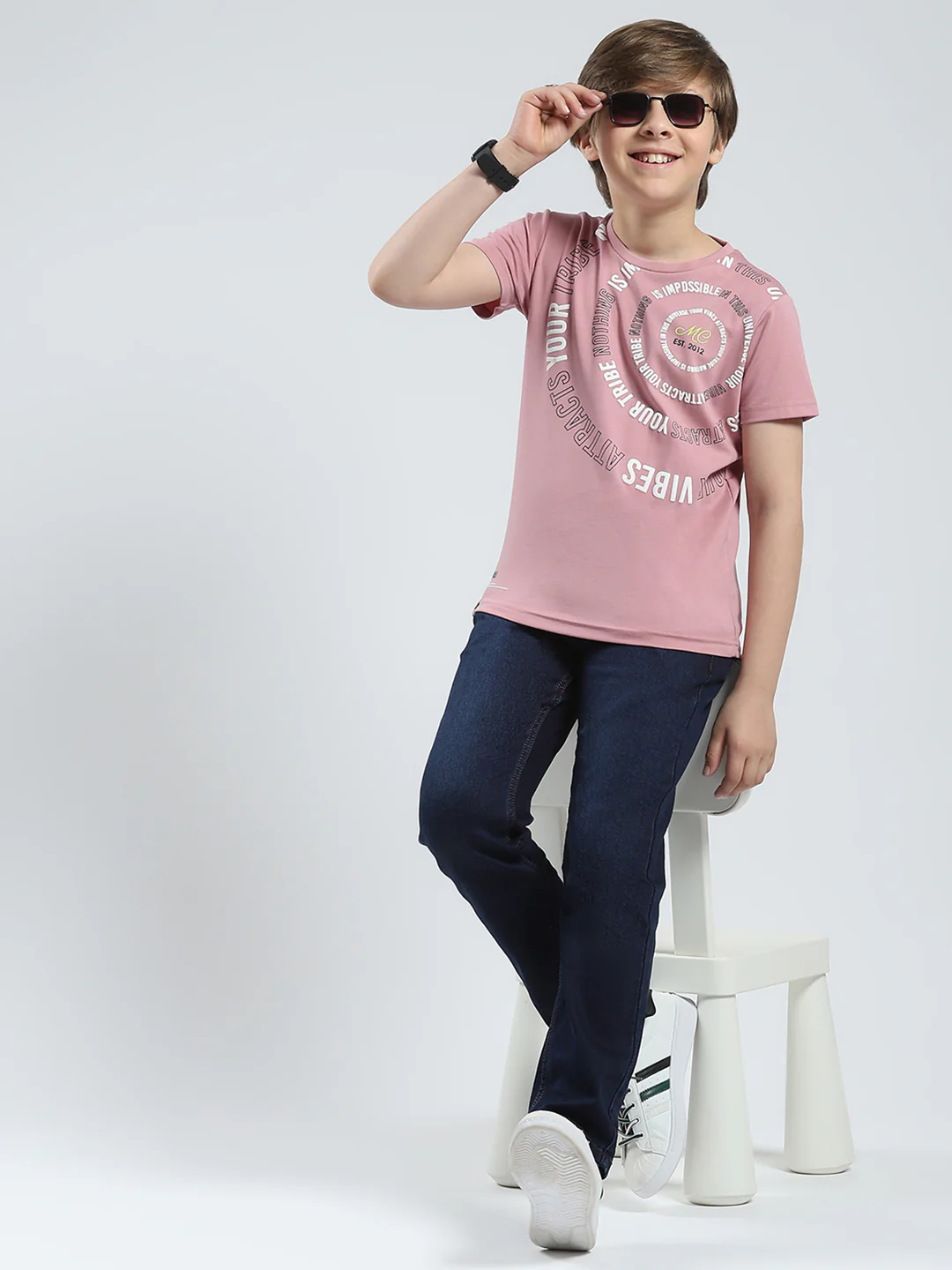 Boys Peach Printed Round Neck Half Sleeve T-Shirt - Image 2