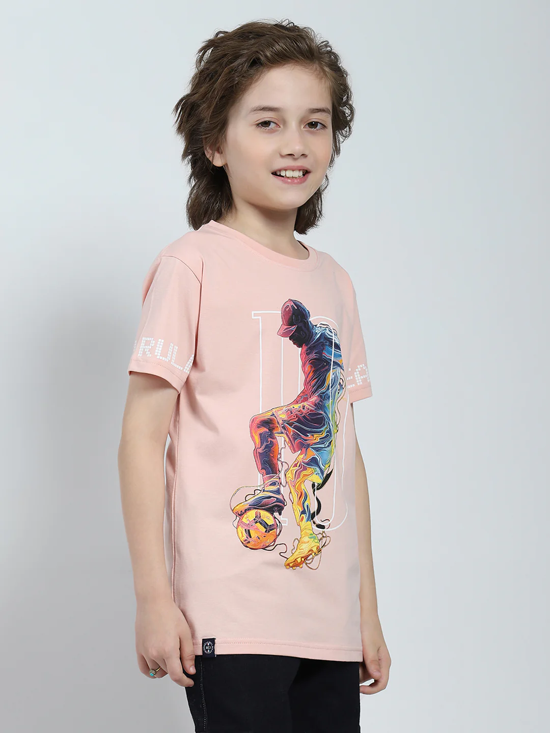 Boys Peach Printed Round Neck Half Sleeve T-Shirt - Image 4